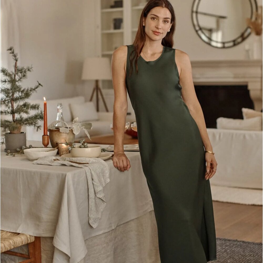 Quince Washable Stretch Silk Tank Midi Dress, Medium Forest Green